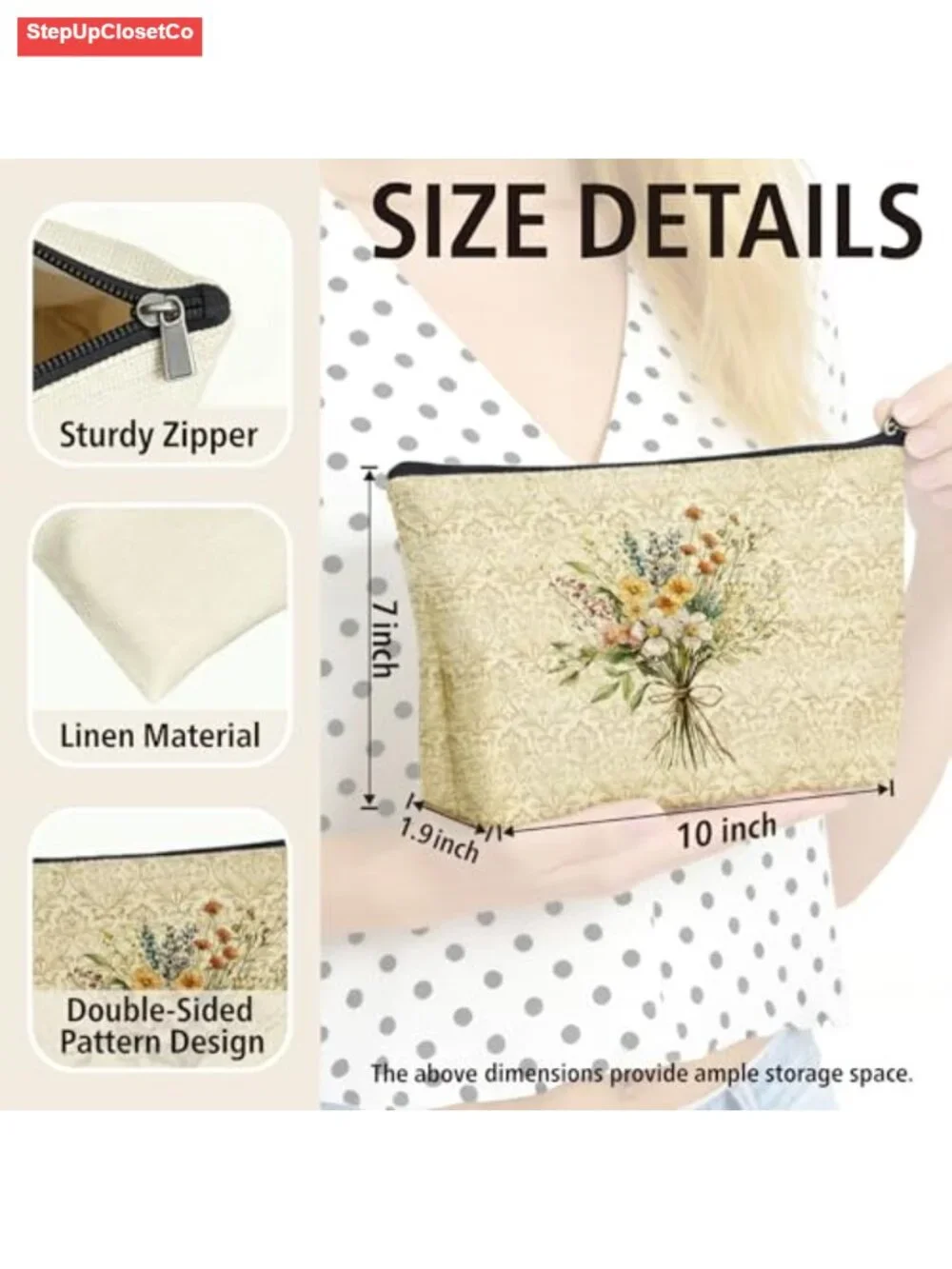 Vintage Floral Linen Makeup Bag with Zipper Pouch Cosmetic Travel Accessory
